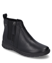 La bota negra de cuero liso cuenta con una cremallera lateral para facilitar el uso. El zapato tiene una suela de goma robusta y detalles de costura discretos que le dan un aspecto elegante y versátil.