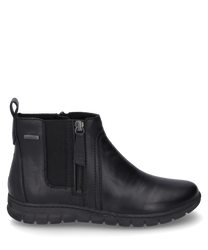 La bota negra de cuero liso cuenta con una cremallera lateral para facilitar el uso. El zapato tiene una suela de goma robusta y detalles de costura discretos que le dan un aspecto elegante y versátil.