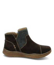 Die Stiefelette aus dunkelbraunem Wildleder verfügt über einen seitlichen Reißverschluss und kontrastierende hellbraune Nähte. Der elastische gerippte Einsatz an der Seite sorgt für zusätzlichen Komfort und Flexibilität.