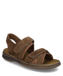 Brown leather sandal with two Velcro straps for easy access. Comfortable footbed and sturdy sole provide optimal wearing comfort.