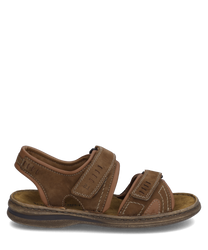 Brown leather sandal with two Velcro straps for easy access. Comfortable footbed and sturdy sole provide optimal wearing comfort.