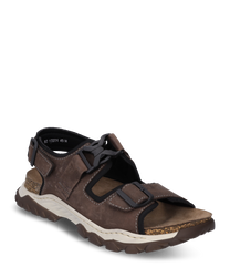 Sandale brune en cuir robusteavec des boucles noires et une semelle rembourrée. Idéale pour le confort et le style au quotidienavec des coutures contrastées et une semelle durable.