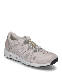 Lightweight sneaker with lacing in light gray colormade of breathable textile material with mesh inserts. Special features include side cutouts and a flexible white sole for optimal wearing comfort.