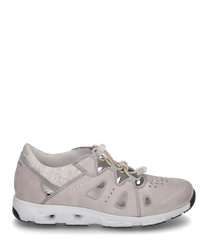 Lightweight sneaker with lacing in light gray colormade of breathable textile material with mesh inserts. Special features include side cutouts and a flexible white sole for optimal wearing comfort.