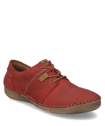 Scarpa rossa con lacci in pelle. La scarpa si distingue per le cuciture marroni chiare a contrasto e una suola comoda e leggermente profilata.