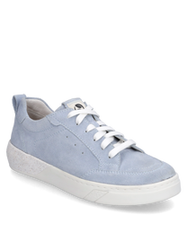 Light blue suede sneaker with white laces and a white sole. The shoe features a simple design and a padded heel for added comfort.