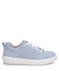Light blue suede sneaker with white laces and a white sole. The shoe features a simple design and a padded heel for added comfort.