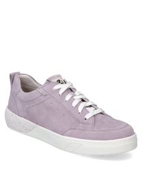 Purple sneakers made of soft suede with lacing. Brightspeckled sole and padded entry for added comfort.