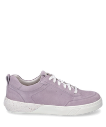 Purple sneakers made of soft suede with lacing. Brightspeckled sole and padded entry for added comfort.