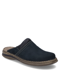 The clog is made of dark blue leather and features a comfortable elastic closure. The light stitching and padded insole provide additional comfort.