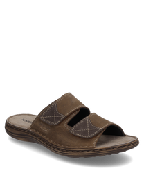 Sandalo marrone in pelle con due cinturini regolabili in velcro. I dettagli delle cuciture e la soletta imbottita offrono ulteriore comfort e stile.