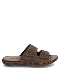 Sandalo marrone in pelle con due cinturini regolabili in velcro. I dettagli delle cuciture e la soletta imbottita offrono ulteriore comfort e stile.