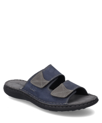 La sandalo è realizzato in pelle blu con accenti grigi e dispone di una pratica chiusura in velcro. La suola robusta e il design semplice offrono comfort e stile per l'uso quotidiano.