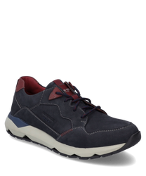 De sneaker is gemaakt van gladdonkerblauw leer met contrasterende rode details. Hij heeft een vetersluiting en een opvallende witte zool die hem een sportieve uitstraling geeft.