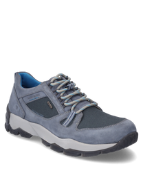 Gray lace-up shoe made of leather and textile material. The shoe features blue accentsa sturdy rubber soleand distinctive stitching for added style.