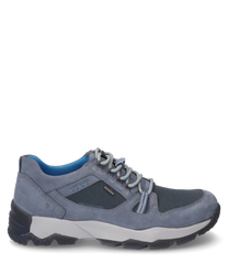 Gray lace-up shoe made of leather and textile material. The shoe features blue accentsa sturdy rubber soleand distinctive stitching for added style.