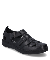 Schwarzer Halbschuh aus glattem Leder mit Schnallenverschluss. Der Schuh zeichnet sich durch ein luftiges Design mit mehreren Aussparungen und einer stabilen genähten Sohle aus.