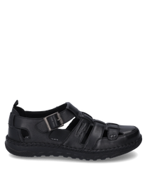 Schwarzer Halbschuh aus glattem Leder mit Schnallenverschluss. Der Schuh zeichnet sich durch ein luftiges Design mit mehreren Aussparungen und einer stabilen genähten Sohle aus.