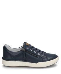 Zapatilla azul oscuro de cuero liso con cordones y cierre de cremallera lateral. El zapato tiene una suela blanca y un detalle marrón en la lengüetaideal para looks casuales de todos los días.
