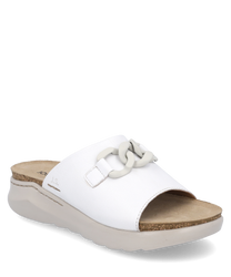 Witte sandaal met elastische sluiting en beige zool. Het bovenmateriaal is gemaakt van glad leerterwijl de binnenzool gepolsterd iswat zorgt voor hoog draagcomfort.