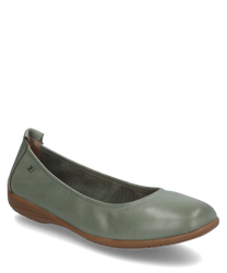 Muntkleurige ballerina-schoenen met een glad bovenwerk en elastiek voor een comfortabele pasvorm. De schoenen hebben een platte bruine zool en een afgeronde neus.