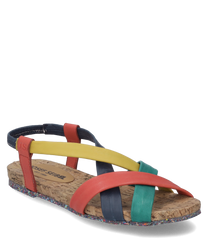 Kleurige sandaal met kruisbanden van leer in roodgeelblauw en groen. Kurken zool met gespsluiting en kleurrijke loopzool voor extra stijl.