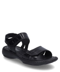 La sandalo nera è realizzata in materiale liscio e lucido e dispone di una pratica chiusura in velcro. Ha un design semplice ed elegante con una suola comoda e imbottita.