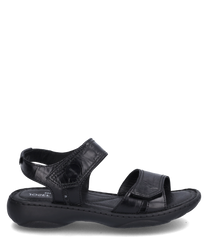 La sandalo nera è realizzata in materiale liscio e lucido e dispone di una pratica chiusura in velcro. Ha un design semplice ed elegante con una suola comoda e imbottita.