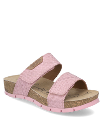 The sandal features a braidedpink upper with a Velcro closure. It has a comfortablelight brown cork sole and a pink outsole for optimal grip.