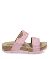 The sandal features a braidedpink upper with a Velcro closure. It has a comfortablelight brown cork sole and a pink outsole for optimal grip.