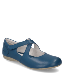 Blue ballerina flats made of smooth leather with Velcro closure. The shoe features a beige sole and a simpleelegant design.