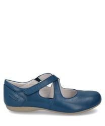 Blue ballerina flats made of smooth leather with Velcro closure. The shoe features a beige sole and a simpleelegant design.