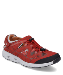 Sneaker rossi con laccirealizzati in materiale robusto. Caratteristiche particolari sono i lati aperti e la suola bianca e profilata.