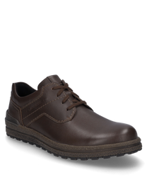 Une chaussure marron en cuir avec lacets et coutures décoratives visibles. La chaussure a une semelle robuste et profilée pour une meilleure adhérence.