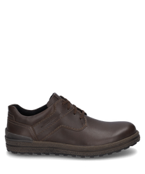 Une chaussure marron en cuir avec lacets et coutures décoratives visibles. La chaussure a une semelle robuste et profilée pour une meilleure adhérence.