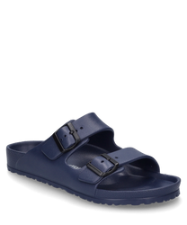 Navy blue sandals featuring a dual strap design with adjustable black buckles. Made from durable synthetic material these sandals offer comfort and style perfect for casual wear.
