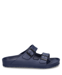 Navy blue sandals featuring a dual strap design with adjustable black buckles. Made from durable synthetic material these sandals offer comfort and style perfect for casual wear.