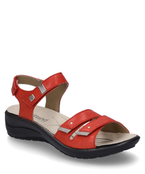 Sandalias rojas de mujer con cierre de velcro hechas de cuero sintético. La suela es negra y ergonómica diseñada para mayor comodidad al caminar.