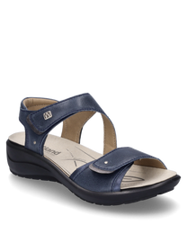 Sandales en cuir bleu avec fermeture Velcro. Semelle intérieure rembourrée pour plus de confort et semelle extérieure noire antidérapante.