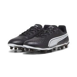Schwarze Fußballschuhe aus synthetischem Material mit weißen Akzenten und einem strukturierten Obermaterial für verbesserten Grip. Die Schuhe verfügen über eine stabile Sohle mit Nocken für optimalen Halt auf dem Spielfeld.