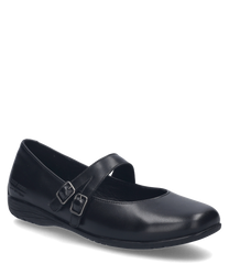 Ein eleganter schwarzer Ballerina-Schuh aus glattem Leder mit doppelter Schnalle als Verschluss. Der Schuh hat eine schlichte aber stilvolle Optik und eignet sich ideal für formelle Anlässe.
