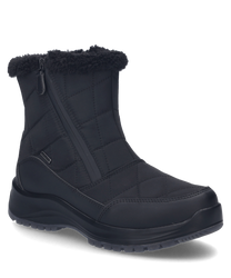 Schwarzer Stiefel mit gesteppter Optik und Reißverschluss an der Seite. Der Stiefel besteht aus einem robusten Material mit einer weichen pelzähnlichen Innenfütterung am oberen Rand.