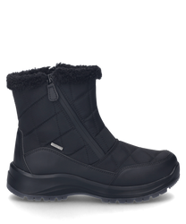 Schwarzer Stiefel mit gesteppter Optik und Reißverschluss an der Seite. Der Stiefel besteht aus einem robusten Material mit einer weichen pelzähnlichen Innenfütterung am oberen Rand.