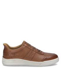La sneaker de couleur châtaigne est en cuir lisse et dispose d'un élastique pratique comme fermeture. La semelle blanche offre un accent contrasté par rapport à la tige marron.