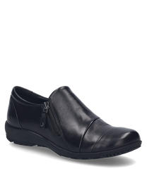 The black leather shoe features a side zipper and a smooth surface. The design is simple and elegant perfect for everyday wear.