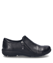 The black leather shoe features a side zipper and a smooth surface. The design is simple and elegant perfect for everyday wear.