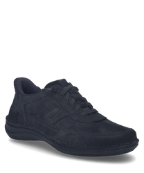 Der schwarze Halbschuh aus Leder zeigt eine klassische Schnürung und eine robuste flache Sohle. Der Schuh hat ein dezentes Logo auf der Seite und ist ideal für einen eleganten und dennoch lässigen Auftritt.