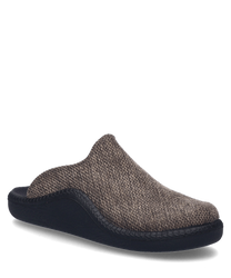 The house slipper is in a warm brown tone and made of a textured material. It has no closure and a black sturdy sole that provides comfort.
