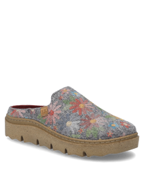 The house slipper is designed in a gray-multi color pattern featuring colorful floral motifs on a soft fabric material. It has no closure and is equipped with a sturdy light brown sole that provides comfort.