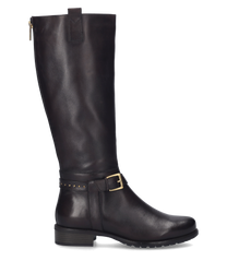 Dieser Stiefel in der Farbe Espresso präsentiert sich mit einem eleganten glatten Lederfinish. Der Stiefel ist mit einem Reißverschluss ausgestattet der für einfaches An- und Ausziehen sorgt. Ein dekorativer Riemen mit einer Metallschnalle verleiht dem Des